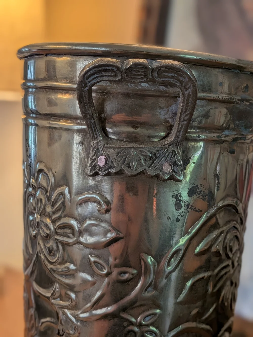 Hosley Solid Brass Floral French Bucket Vase Tallow Pot Embossed Floral
